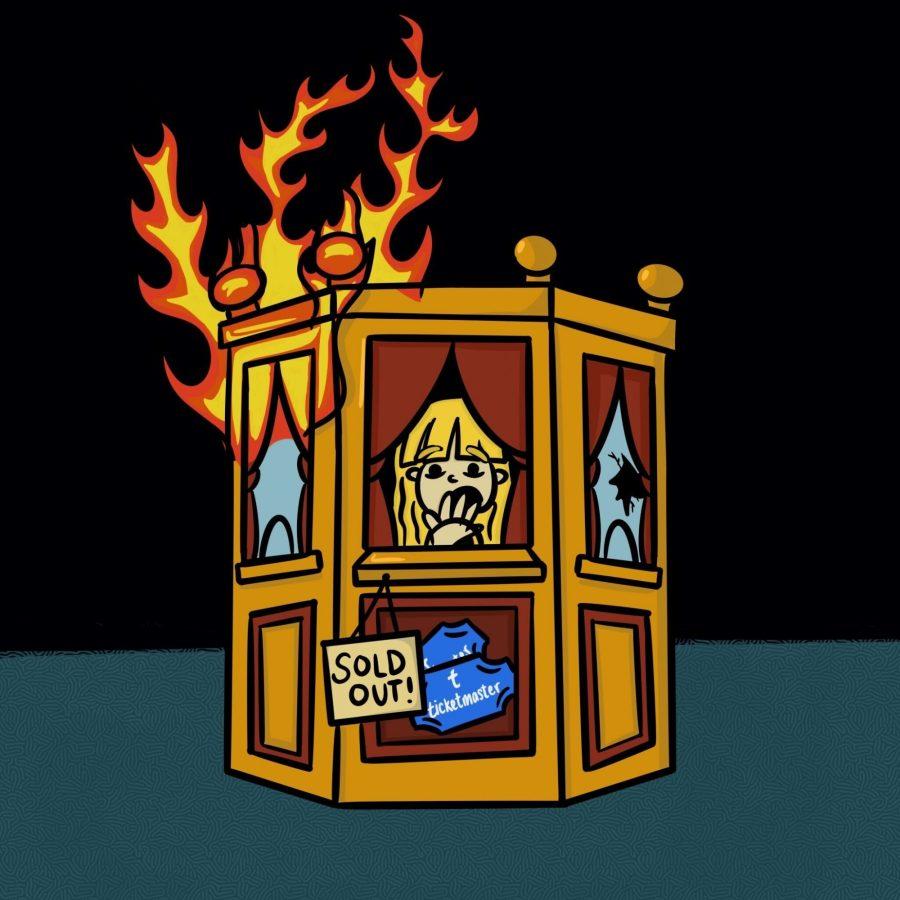 An image of a ticket booth on fire by Emilie Cuevas. 
