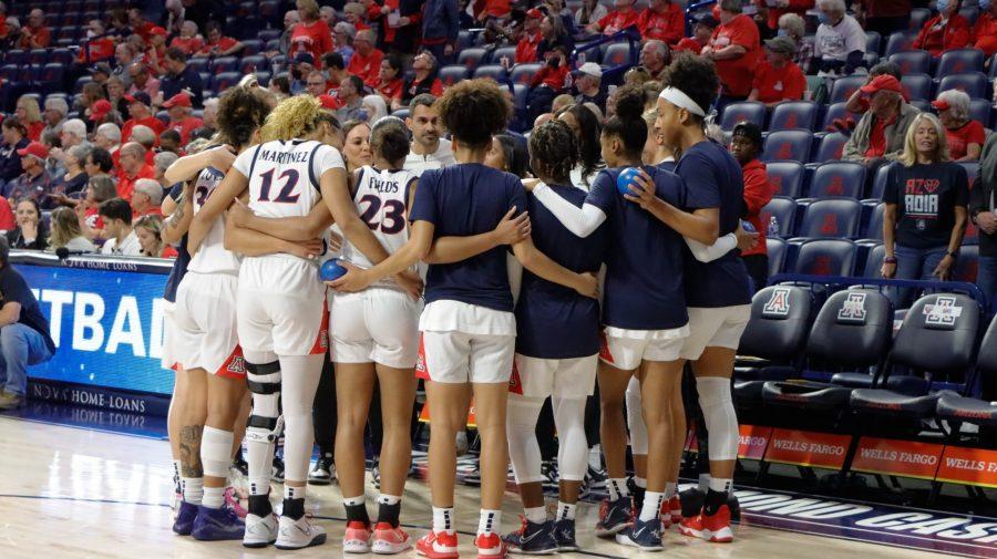 The+Arizona+womens+basketball+team+huddles+during+an+exhibition+game+against+West+Texas+A%26amp%3BM+University+on+Oct.+27%2C+in+McKale+Center.+The+Wildcats+won+86-63.