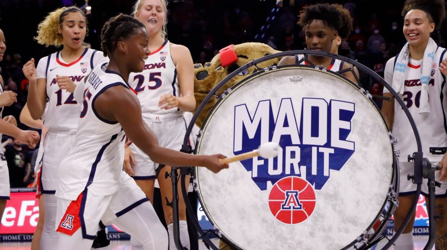 Kailyn Gilbert, a guard on the Arizona womens basketball team, is named player of the game and beats the drum twice for the two wins this season on Nov. 13, in McKale Center. The Wildcats won their second game 87-47.