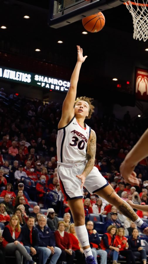 Jade Loville a guard on the Arizona womens basketball team shoots a layup in the season opener against NAU on Nov. 10, in McKale Center. The Wildcats would crush NAU 113-46.