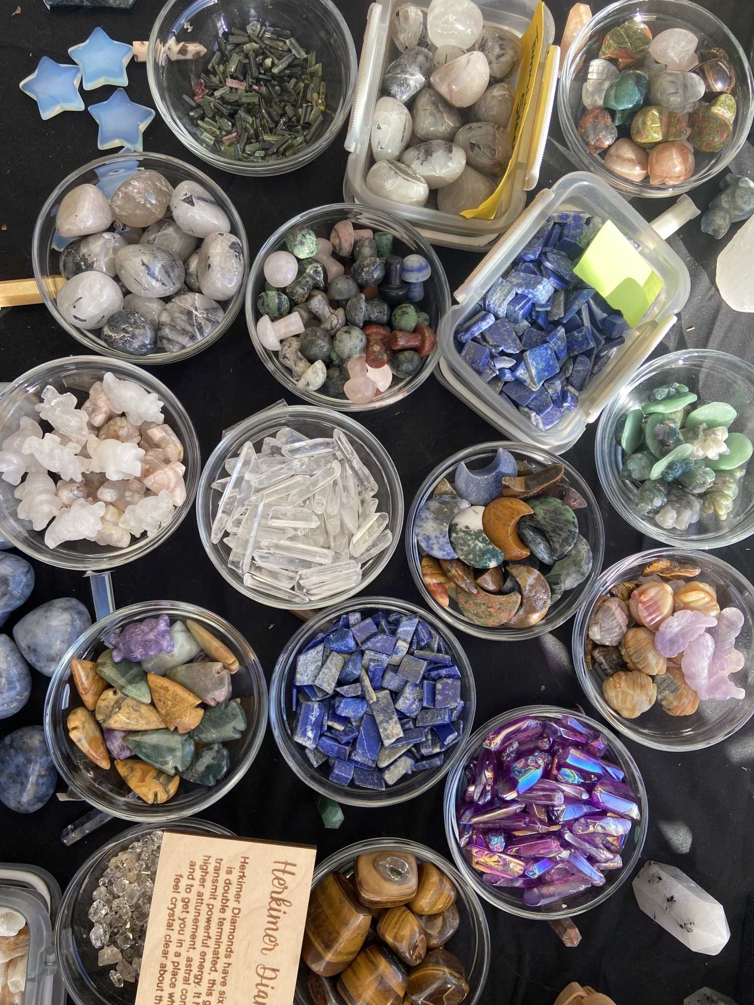 Bowls of assorted gems and minerals at the 15th annual Gem & Jam Festival. 