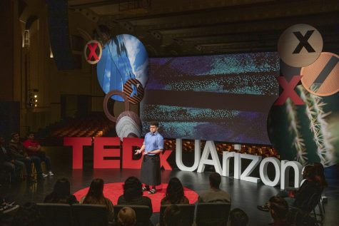 Freshman Hona Vaioleti gives his talk entitled "A Life Between Cultures" to an audience at the TEDxUArizona event held in Centennial Hall on Jan. 31. (Courtesy Misha Harrison)