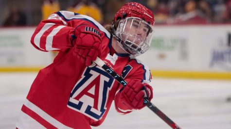 An Arizona hockey player warms up before a game agiant rival ASU on Feb. 24, 2023 in the Tucson Conversation Center. The Wildcat hockey team won 1-0.