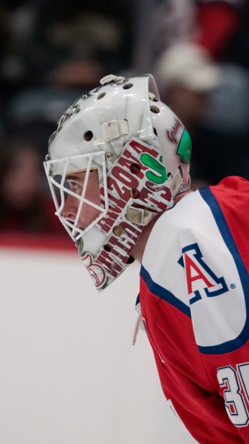 Arizona+hockeys+gaoly+waits+for+the+puck+drop+in+game+agiant+rival+ASU+on+Feb.+24%2C+2023+in+the+Tucson+Conversation+Center.+The+Wildcat+hockey+team+won+1-0.