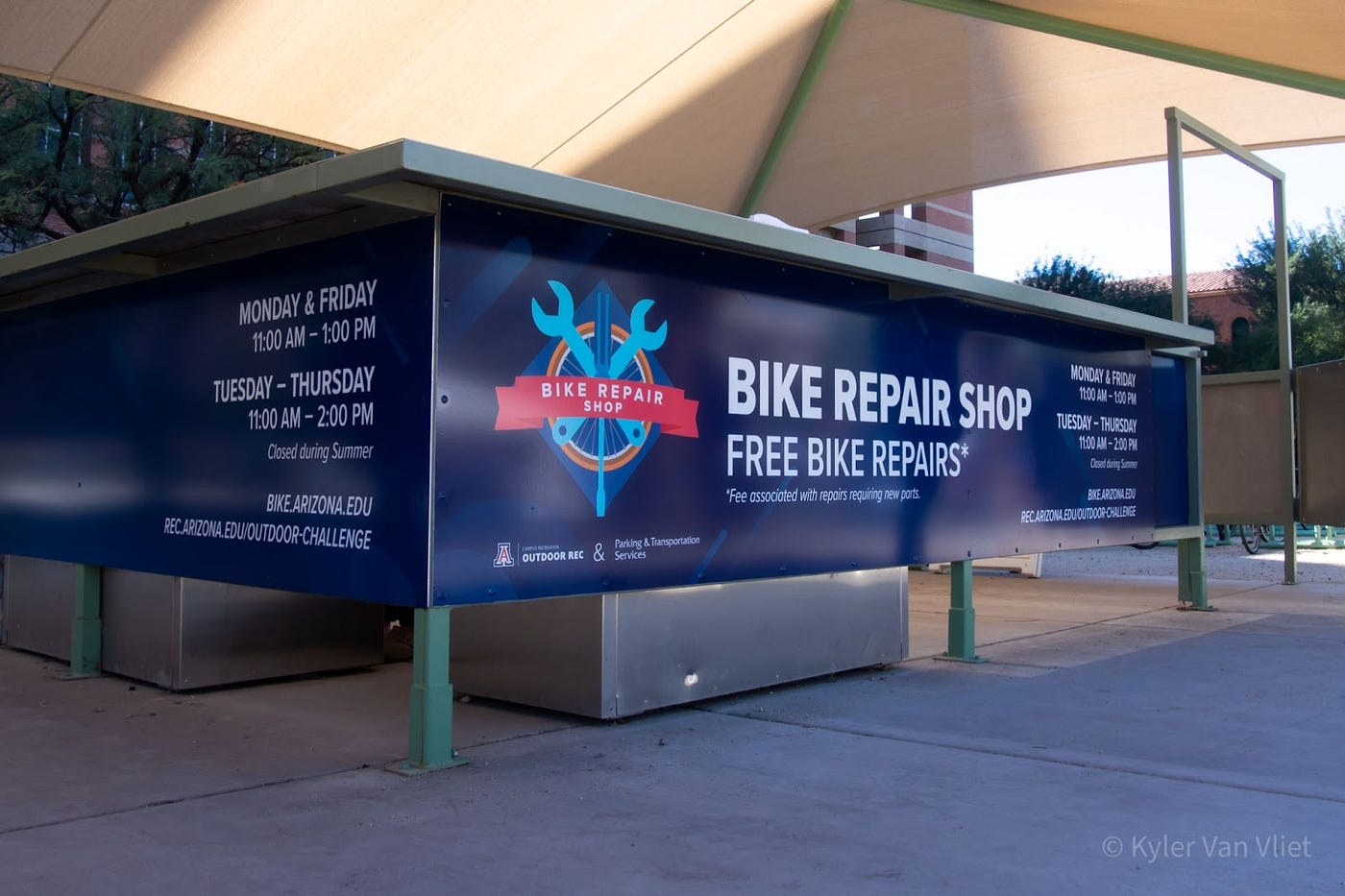 The Bike Repair Shop is located at the UA mall in front of the Koffler building. There is a fee associated with repairs that require any new parts. (Photo by Kyler Van Vliet)