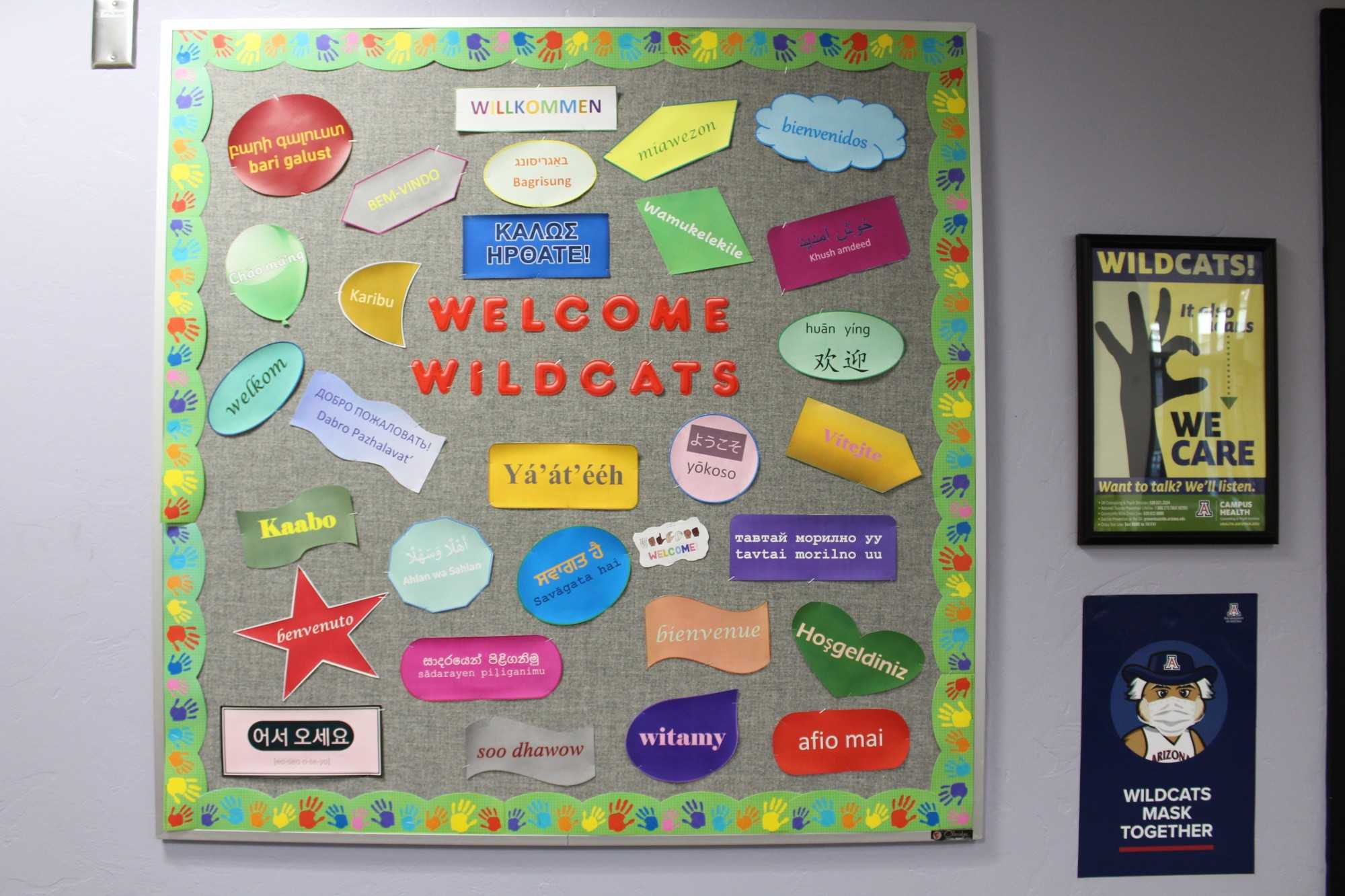 A board in the CAPS waiting room spells out "Welcome" in a variety of languages. CAPS offers its services to every student on campus and strives to create a welcoming atmosphere for those from all backgrounds. 