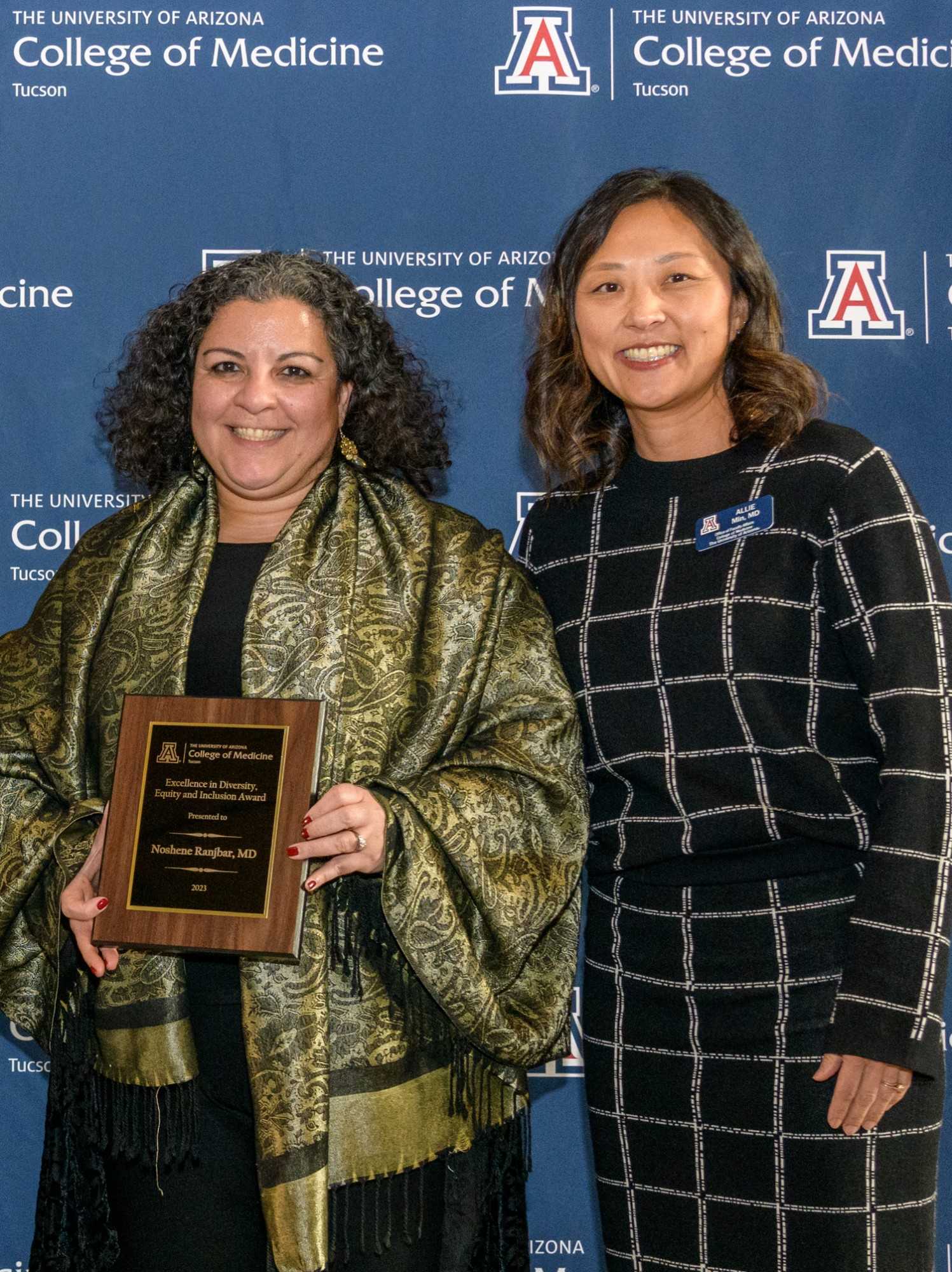 Dr. Noshene Ranjbar (left) received the College of Medicine – Tucson Faculty Excellence Award for her work in Diversity, Equity & Inclusion. (Courtesy UArizona BioCommunications) 