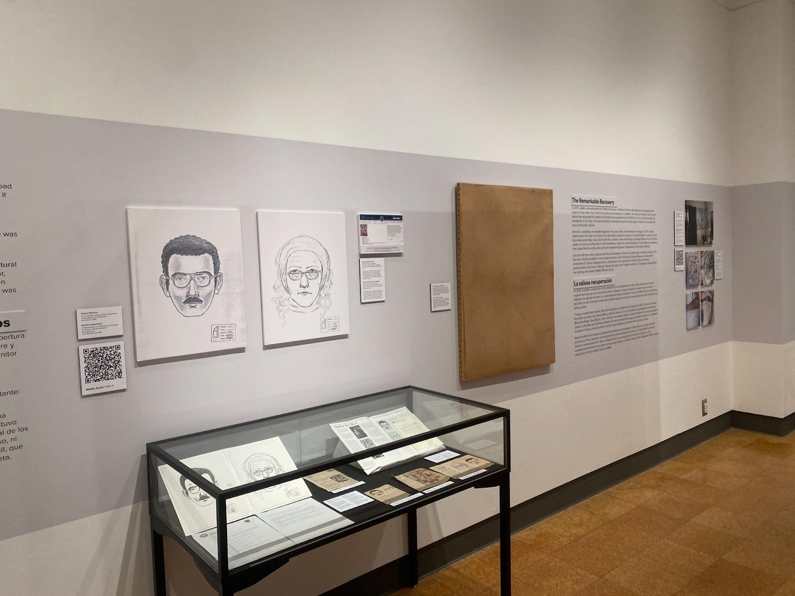 The “Woman-Ochre” exhibition at the UA Museum of Art. Pictured are the composite sketches of the couple thought to have stolen the painting in 1985.