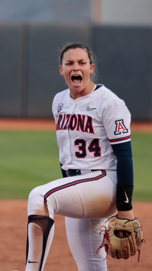 Arizona+softball+pitcher+Devyn+Netz+celebrates+after+a+strike+out+in+a+game+against+Weber+State+University+on+March+3+in+Mike+Candrea+Field+at+Rita+Hillenrand+Memorial+Stadium.+Arizona+beat+Weber+State+8-0.