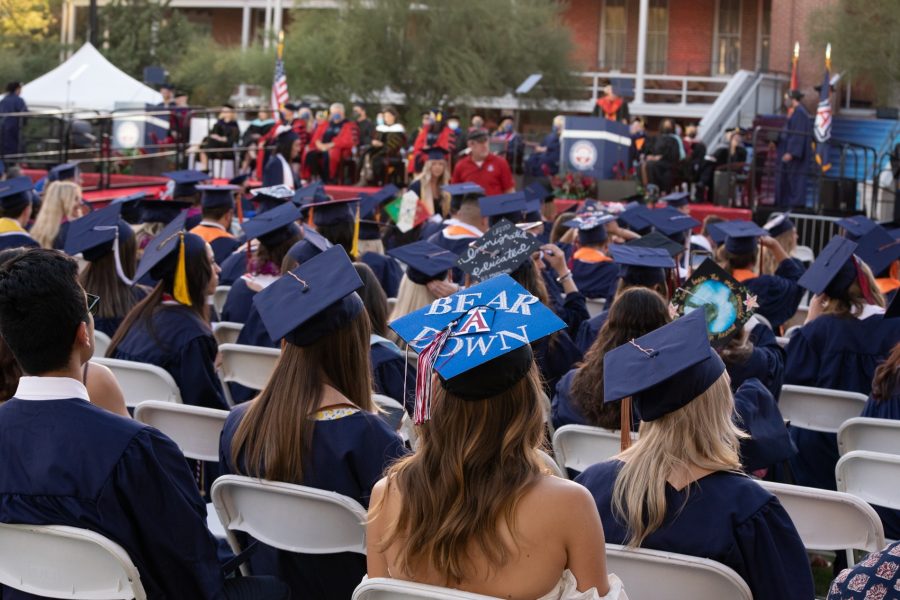 A sea of caps top the heads of the University of Arizona graduates during the make-up 2020 Commencement Ceremony outside of Old Main on campus Nov. 5, 2021. The ceremony was held during the fall 2021 Homecoming, a year and a half after students received their diplomas in May 2020 as the original ceremony was cancelled on account of the COVID-19 pandemic.