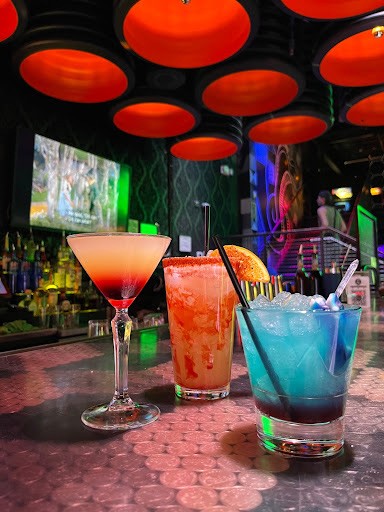 Pictured left to right, the Princess Peach, Crash Bandicoot and Baby Shark cocktails are Cobra Arcade’s top selling drinks.
