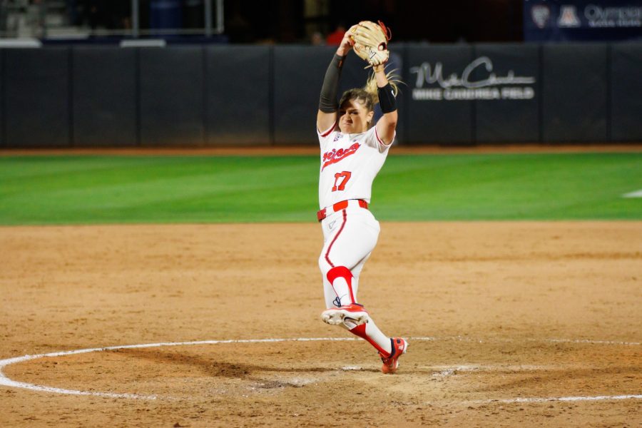 Arizona Softballs Ali Blanchard pitches in a game against UCLA on April 14 at Rita Hillenbrand Memorial Stadium. The Wildcats lost the game 8-0.