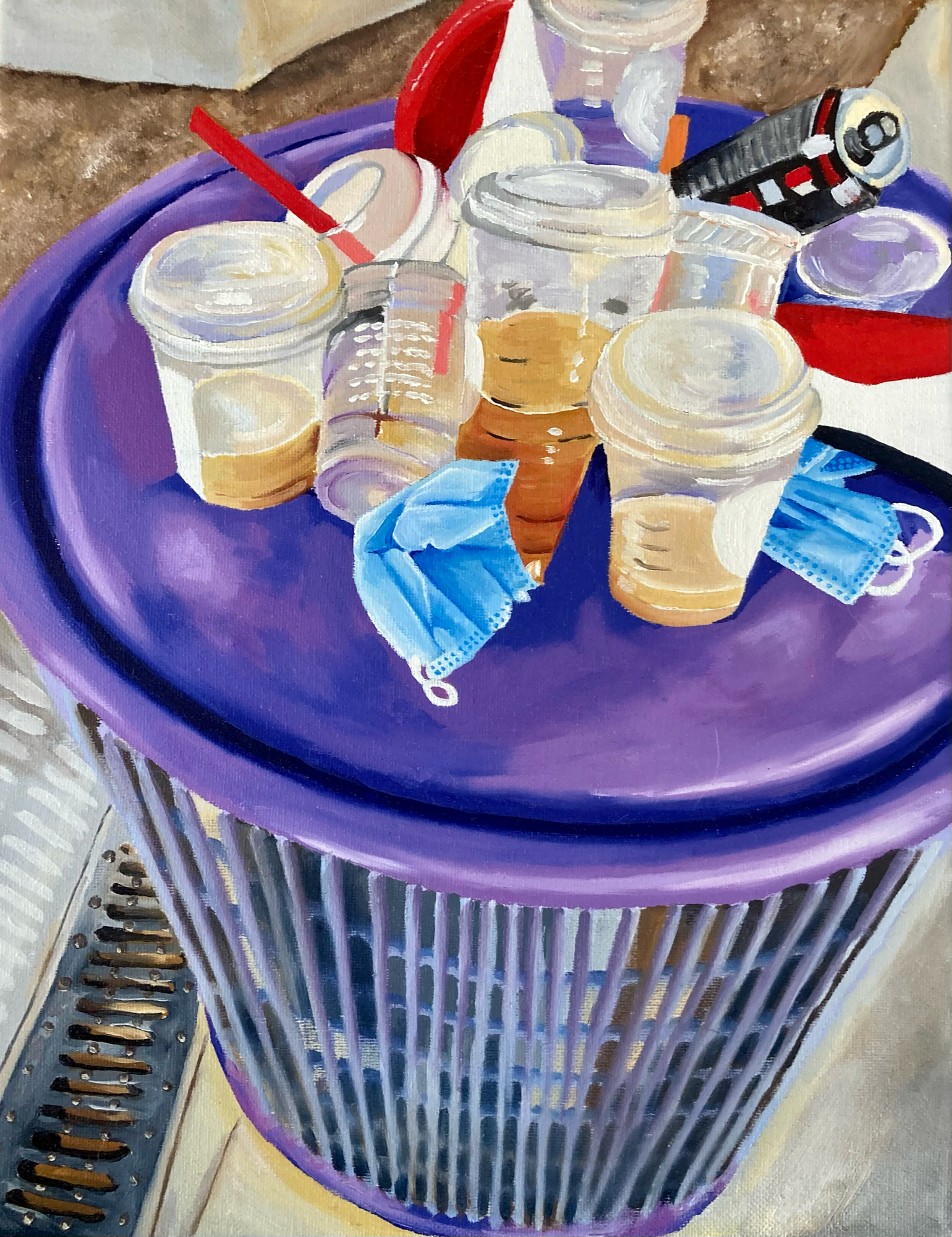 Gracie Rhyne gained the inspiration for her capstone oil paintings, "Trash Paintings," from a real trash can she saw on campus. The painting is a message about consumerism and single-use plastic. (Photo courtesy of Gracie Rhyne.) 