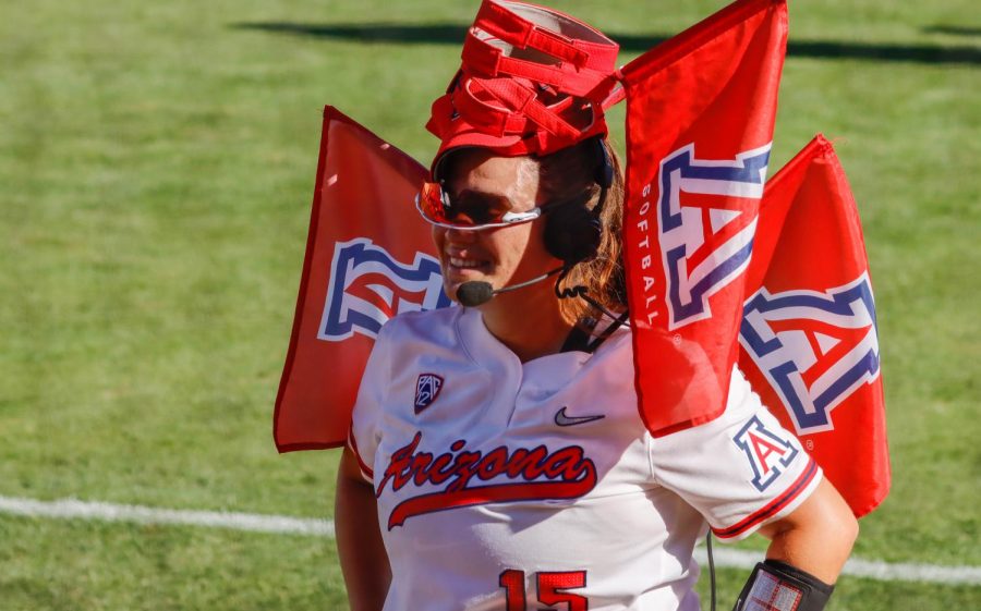 Arizona+softballs+Izzy+Pacho+gets+interviewed+after+a+game+against+University+of+California+on+May+7+in+Rita+Hillenbrand+Memorial+Stadium.+Arizona+won+their+last+game+of+the+season+on+senior+day.+