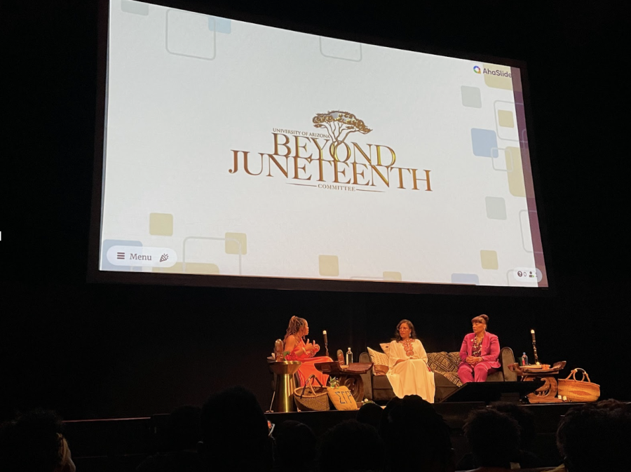 Denise TrimbleSmith (left) talks with Ilyasah Shabazz (middle) and Bernice King (right) about the meaning of Juneteenth and legacy at Centennial Hall at the University of Arizona, Monday, June 19. 