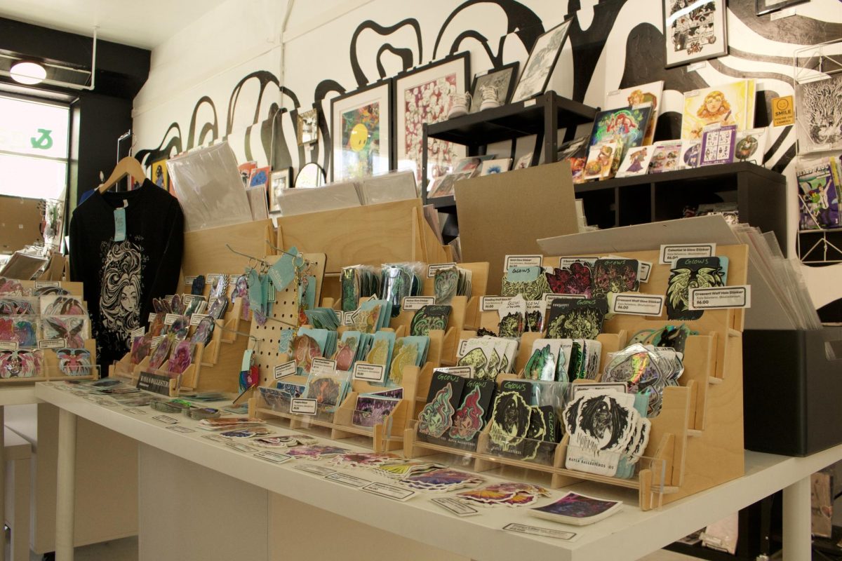 Stickers made by local artists sit on the shelves at &gallery in Tucson, Ariz. on Aug. 10, 2023. &gallery is located on Fourth Avenue and is open everyday at 12 p.m.