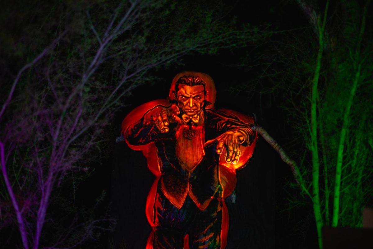 Count Dracula can be seen among the colorfully lit trees on Sep. 21 at Glowing Pumpkins at Tohono Chul. Glowing Pumpkins is a walkthrough experience that displays many movie and pop-culture icons.