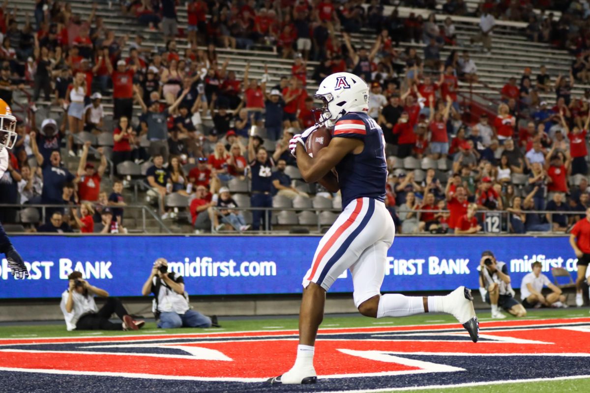 Arizona football wide receiver Montana Lemonious-Craig runs into the endzone for his first touchdown as a Wildcat during a Sept. 16 home game in Tucson. Arizona won the game against the University of Texas at El Paso 31-10.