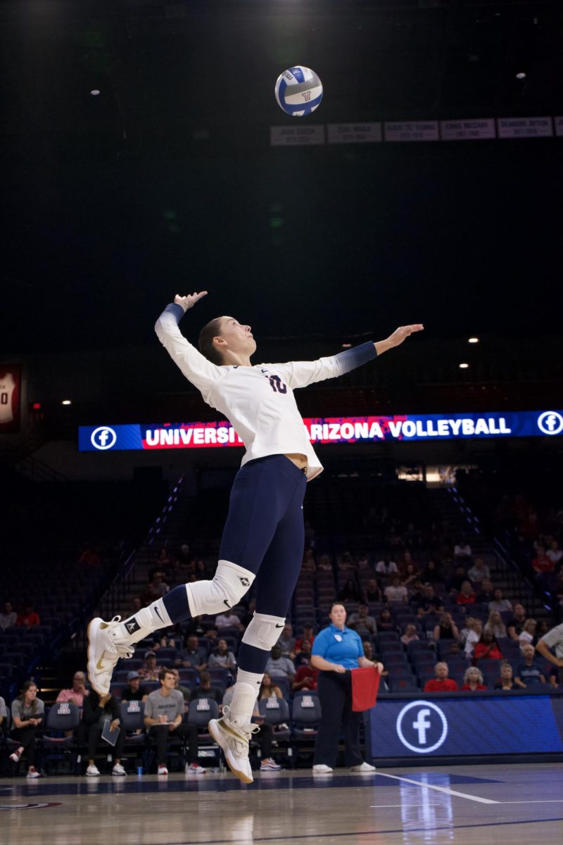 Puk Stubbe serves to New Mexico State University on Friday, Sept. 15, 2023. This game was part of the Wildcat Classic., and Arizona won the game 3-1