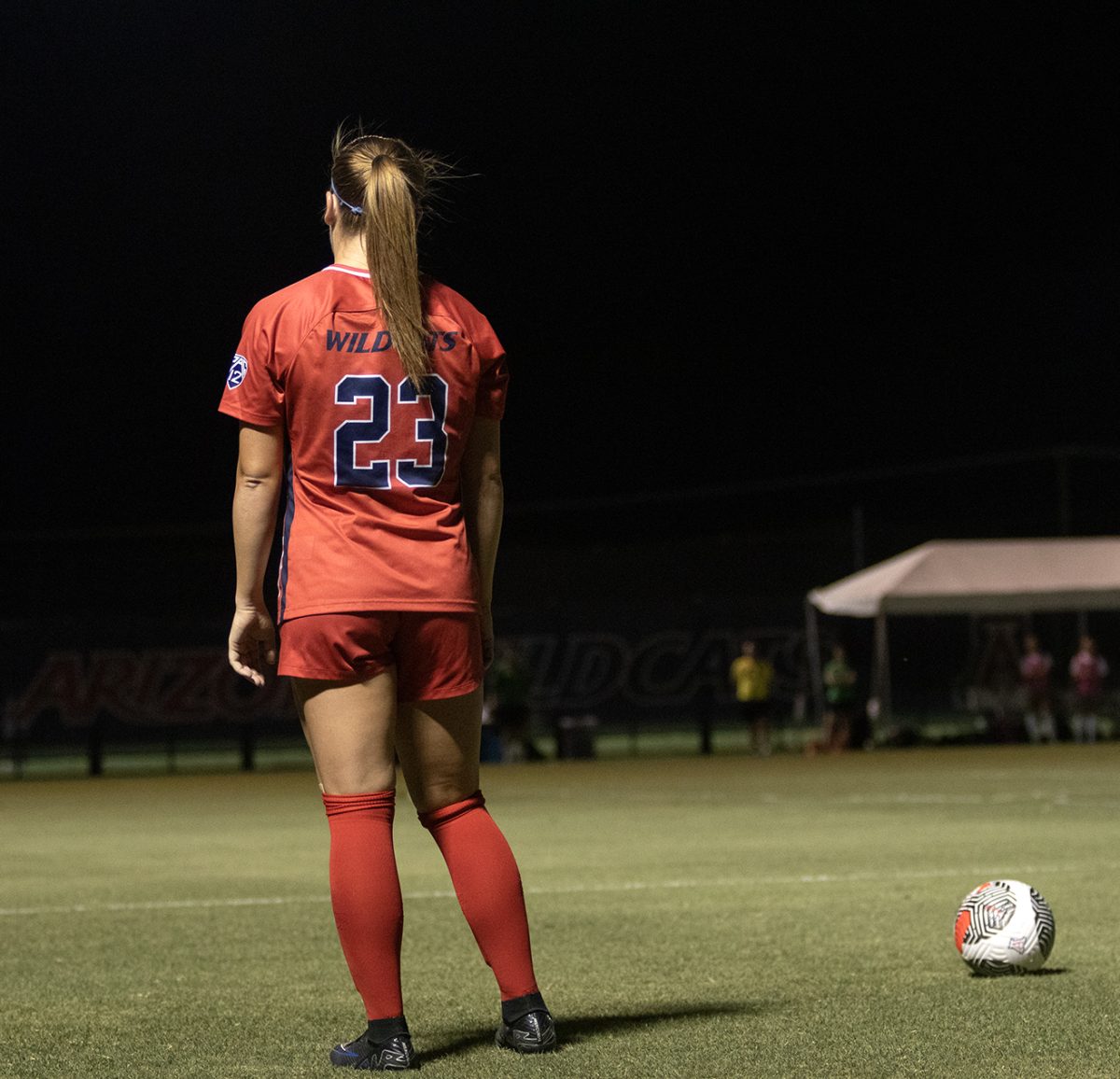 Arizona soccer player Nicole Dallin waits for a signal from the referee during the game on Friday, Sept. 22 at Murphey Field. Arizona won the game against Oregon 3-0.