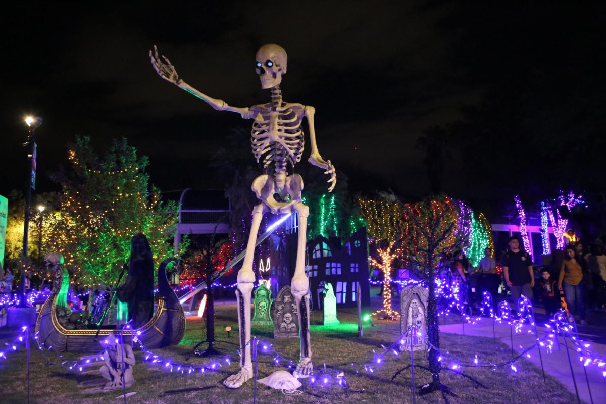 Halloween scene at Reid Park Zoo obtained Oct. 20, the opening night of Boo at the Zoo. A giant skeleton stands amidst a graveyard lit up by colorful lights. (Photo courtesy of Deborah Carr)