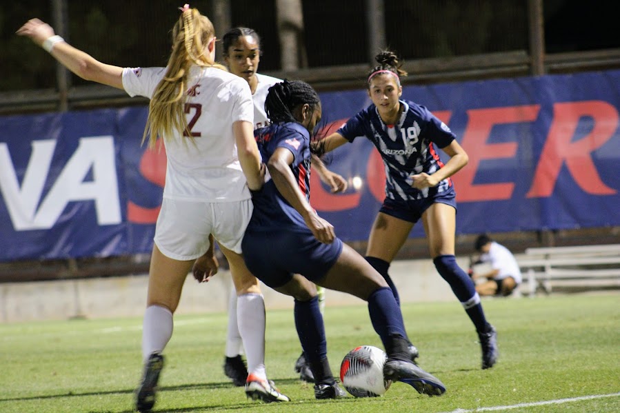 Arizona soccer forward Jordan Hall dribbles and protects the ball on Thursday, Oct. 5, at Murphey Field at Mulcahy Soccer Stadium. Arizona lost to Washington State in a 2-1 decision.