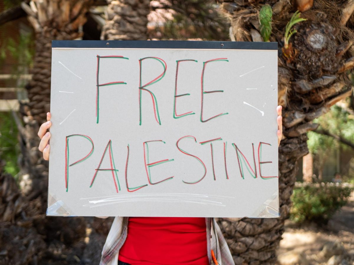 A protestor holds a sign saying Free Palestine at the National Student Walkout on the Mall on the University of Arizona Campus on Oct 25. A group of protestors walked around the mall during to support Palestine.