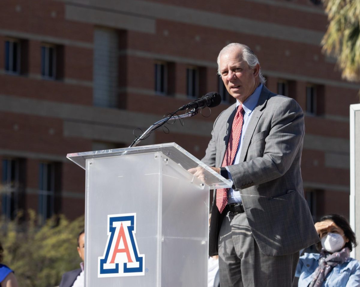 University of Arizona President Dr. Robert C. Robbins speaks at the schools COVID-19 memorial on the UA Mall March 23, 2022. Recently, Robbins addressed the state of the university at the Arizona Board of Regents Meeting Nov. 16, on campus.