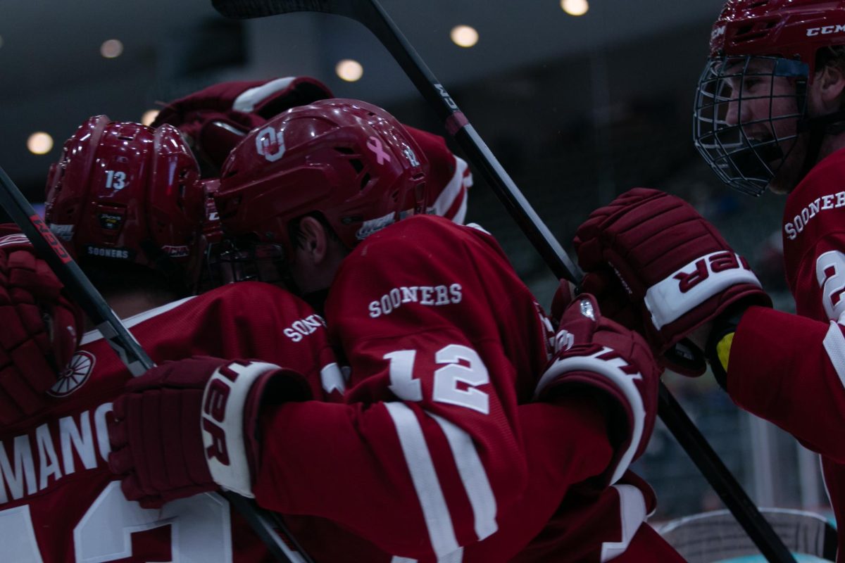 The Oklahoma Sooners celebrate their second goal against the Arizona Wildcats during their hockey game in the Tucson Convention Center on Nov. 3. The goal tied up the game, but the Sooners won in overtime 3-2.
