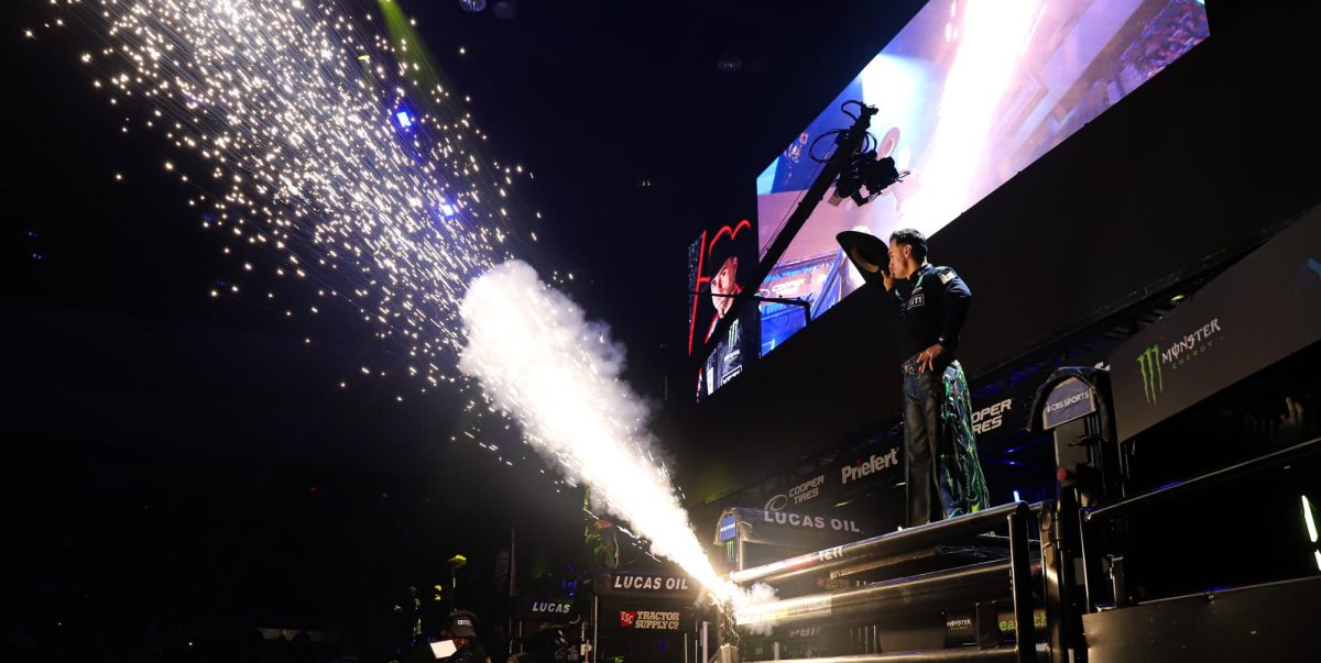 Two time World Champion Jose Vitor Leme is introduced on night one of PBR Unleash the Beast in Tucson Convention Center on Nov. 10. Leme currently holds the record for highest ride score in PBR history with a 98.75.
