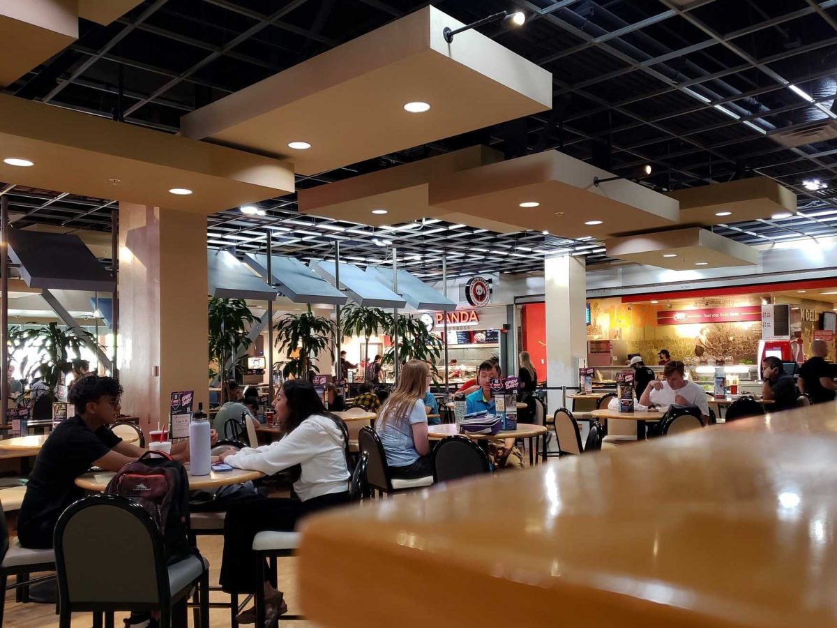University of Arizona students eat and chat in the Student Union Memorial Center. This building houses several eating options including a Panda Express and a Chick-fil-a.