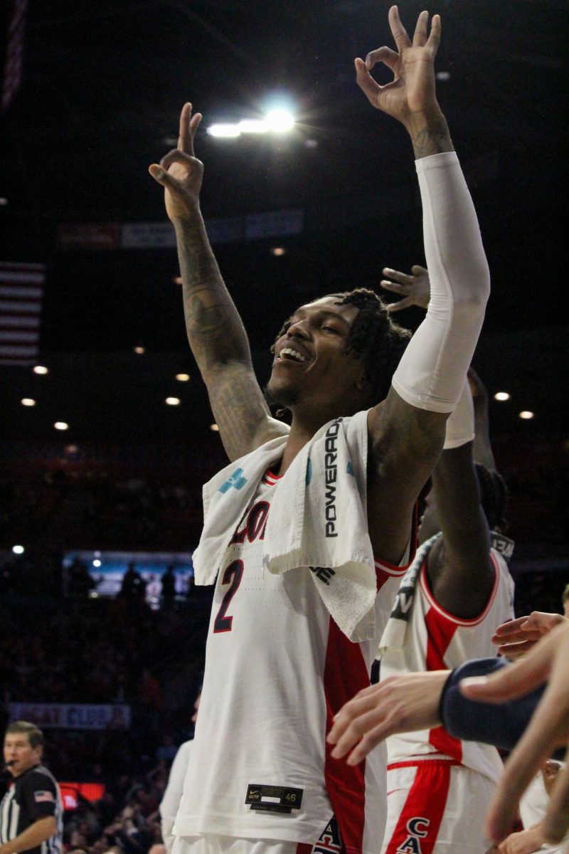 Arizonas Caleb Love (2) celebrates the Wildcats 97-50 point win against CU Boulder on Jan. 4. This game helped UA secure a third place ranking in the Pac-12 conference.