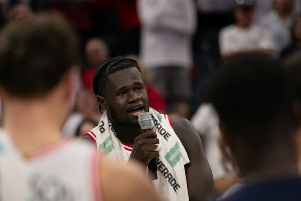 Oumar Ballo makes a speech after the Wildcats’ victory over Oregon in McKale on March 2. Each of the seniors made a short speech after the game and each were recognized for their time at Arizona.