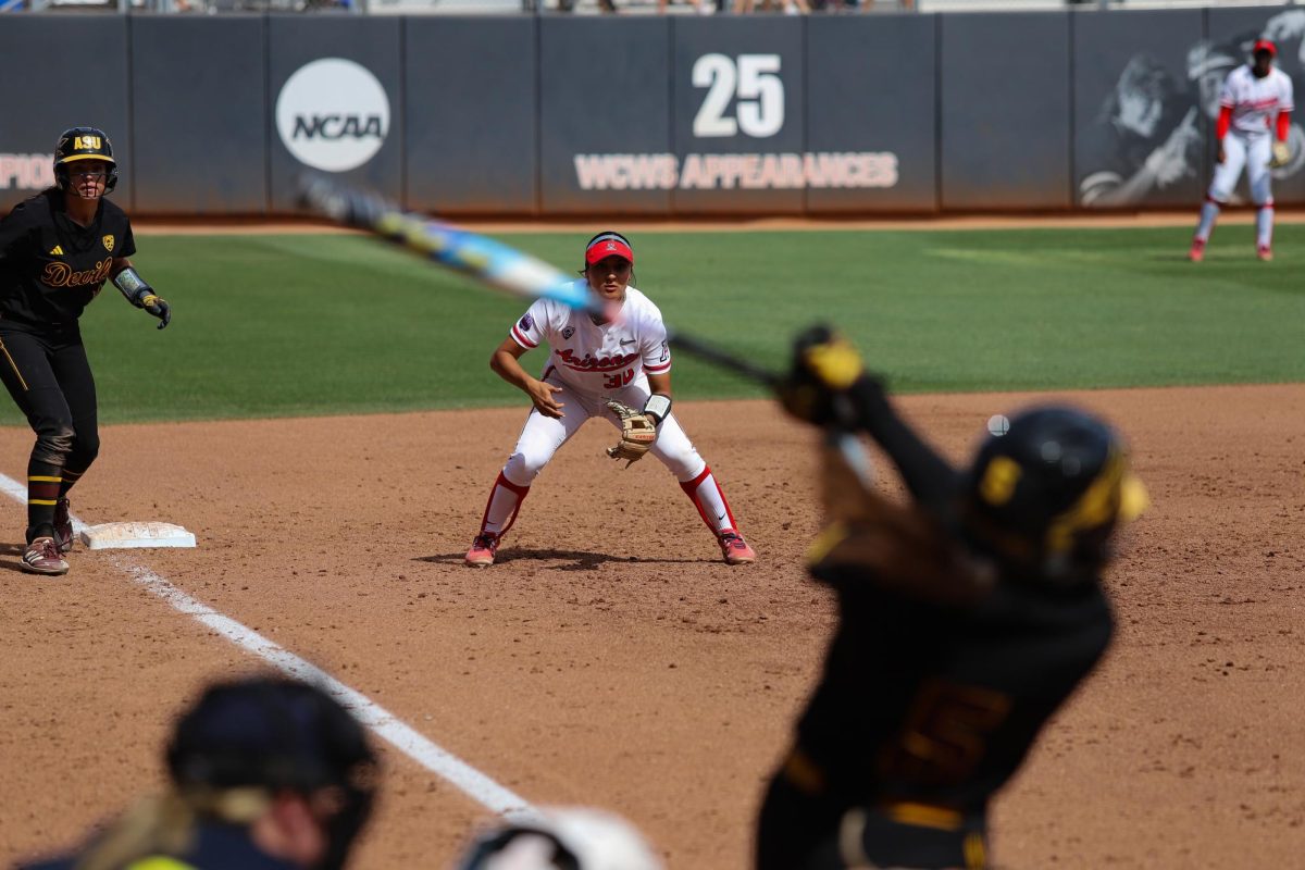 Senior Blaise Biringer watches the ASU batter in her final home game of her career at Rita Hillenbrad Stadium on April 21. Biringer was recruited from Cienega High School in Tucson.