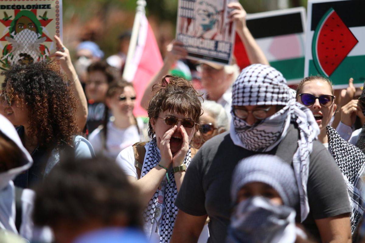 Protestors chant in support of Palestine on April 25 on the UA Mall. Some of the rally's organizers included Students for Justice in Palestine and the Party for Socialism and Liberation.