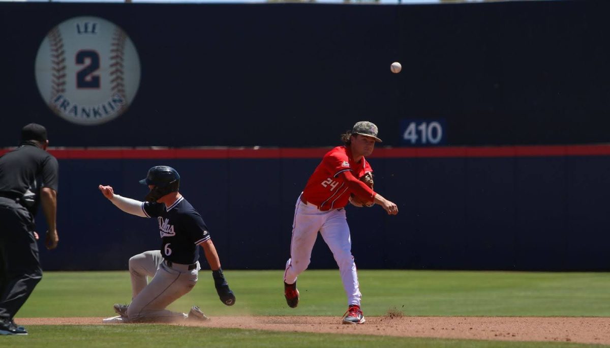 Mason White throws to first base to close the inning on a double play against DBU on June 1 during the Tucson Regional of the NCAA Baseball Tournament. White recorded one run for the Wildcats during the game. 
