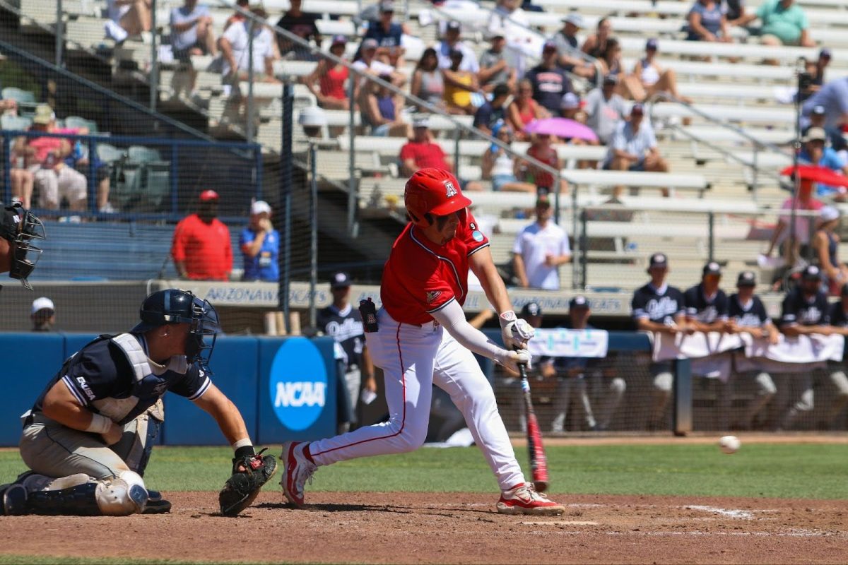Emilio Corona chases a pitch out of the zone against DBU during the Tucson Regional of the NCAA Baseball Tournament on June 1. Arizona took a quick exit after losing back to back games, ending their season.