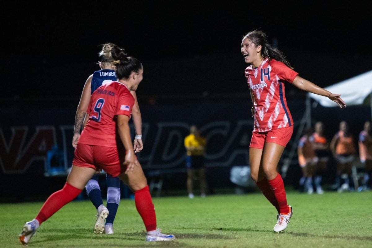 Sami Baytosh celebrates her goal against NAU on Murphey Field on Aug. 22. So far, the soccer team has secured one win, two ties and one loss.