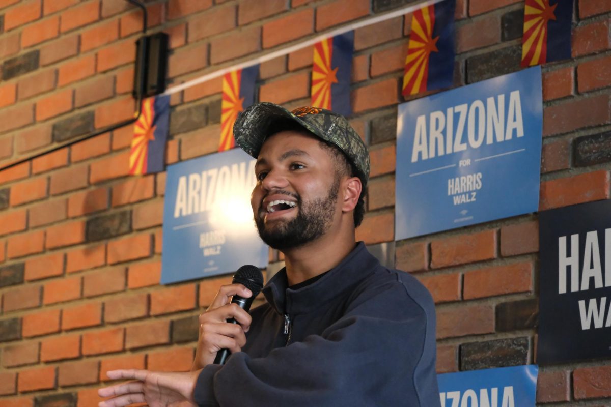 Congressman Maxwell Frost speaks to U of A Wildcats for Harris-Walz at Snakes and Lattes on Aug. 28. The Florida congressman visited the university in an effort to encourage student canvasing, part of a broader push by Democrats to capture young votes.