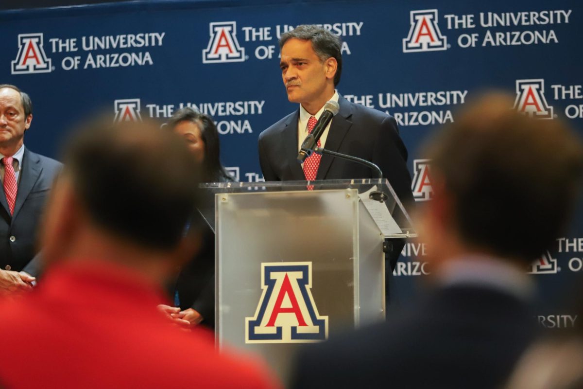 Suresh Garimella addresses a crowd of gathered media and community members after a unanimous Arizona Board of Regents vote led to his appointment as the next University of Arizona president on Friday, Aug. 9. Garimella joins UA from the University of Vermont.