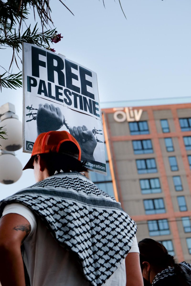 'Free Palestine' reads a protestors sign on University on Sept. 24. The protestors in addition to demanding peace in Lebanon, demanded a ceasefire in Gaza and a liberated Palestine.