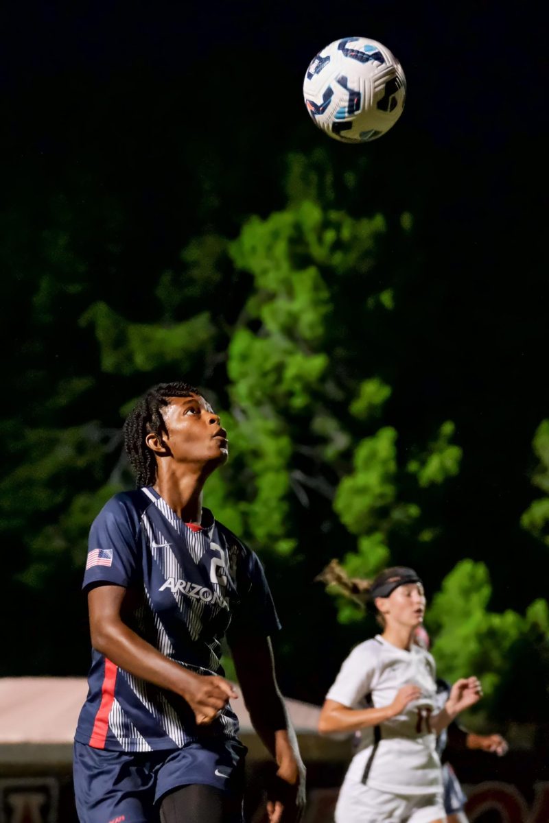 MacKenzie Moring watches the ball come down during the Wildcats’ game on Sept. 26 at Murphey Field at Mulcahy Stadium. Moring played the most minutes of her season during this game.