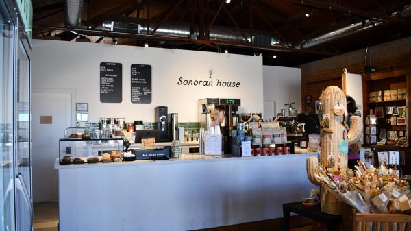 The counter at Sonoran House is full of coffee, tea, pastries, and other local items. The new coffee shop opened Aug. 19.