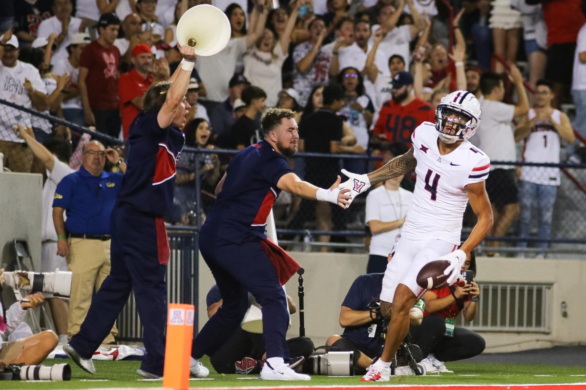 Tetairoa Mcmillan eases his way into the endzone yet again for another touchdown against New Mexico at Arizona Stadium on August 31. Fifita and McMillan have experience as a duo going back to their young days in California at Servite Highschool.