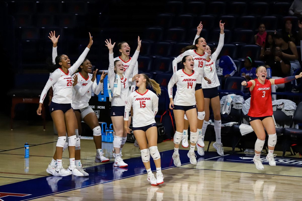 The Arizona Volleyball players celebrates a big play against Tennessee State on Sep. 1. in McKale Center. Arizona is 3-0 on the year.