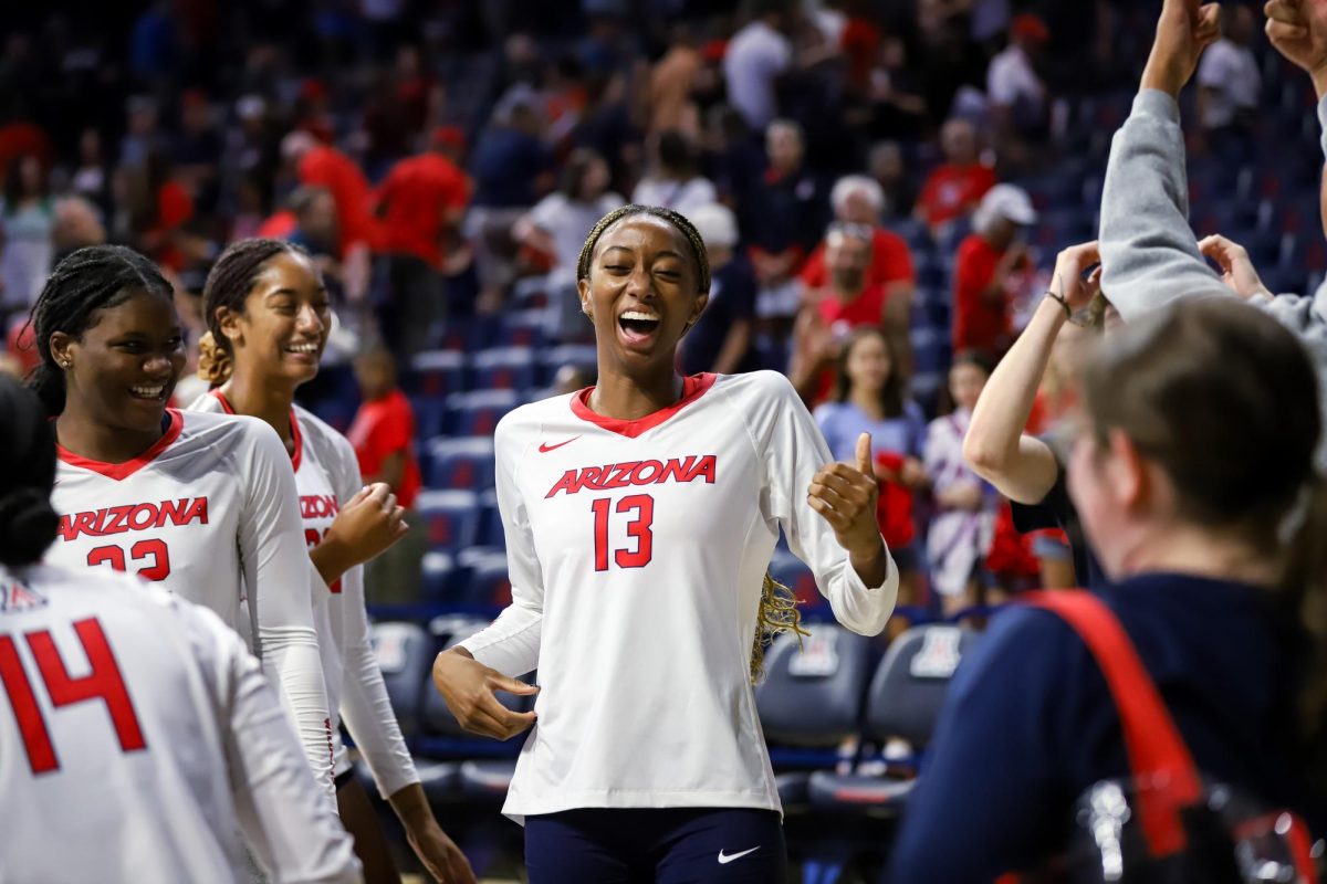 Adrianna Bridges celebrates the 3-0 sweep against Tennessee State on Sep. 1. in McKale Center. Arizona heads to Montgomery Ala. later this week.