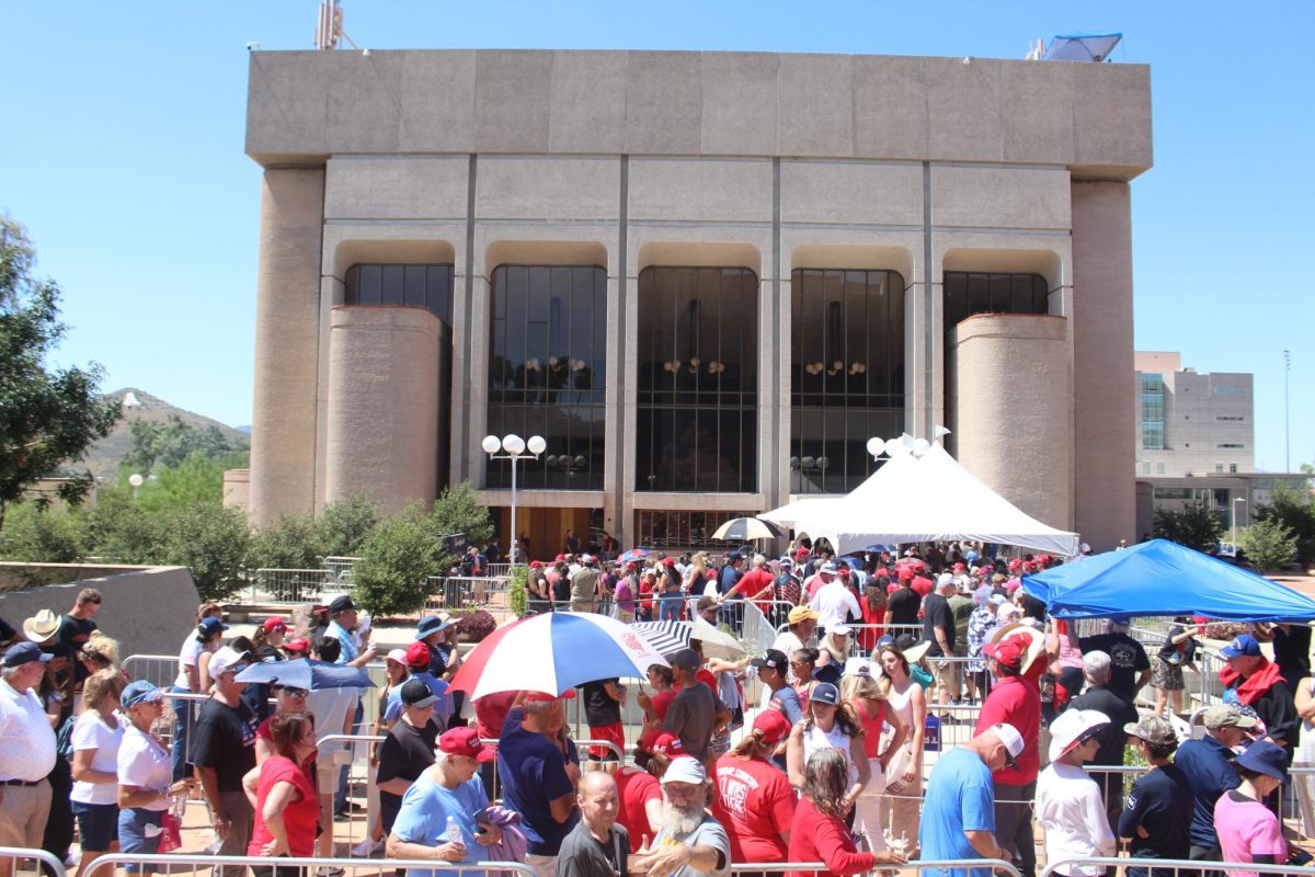 A line of people wait to get into the Linda Ronstadt Music Hall for a Trump rally on Sept. 12. The Linda Ronstadt Music Hall holds 2,200 people.