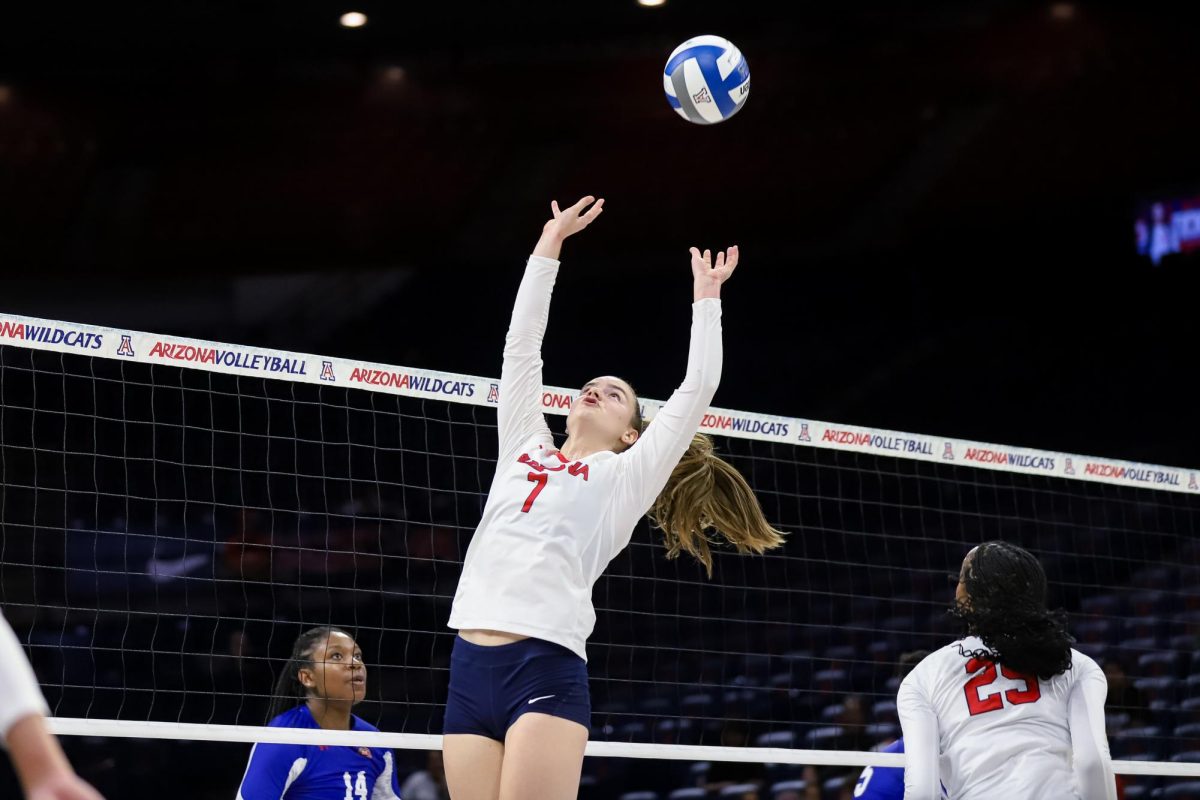 Ana Heath sets the ball against Tennessee State on Sep. 1. in McKale Center. Heath is a junior from Murphy, Texas. 