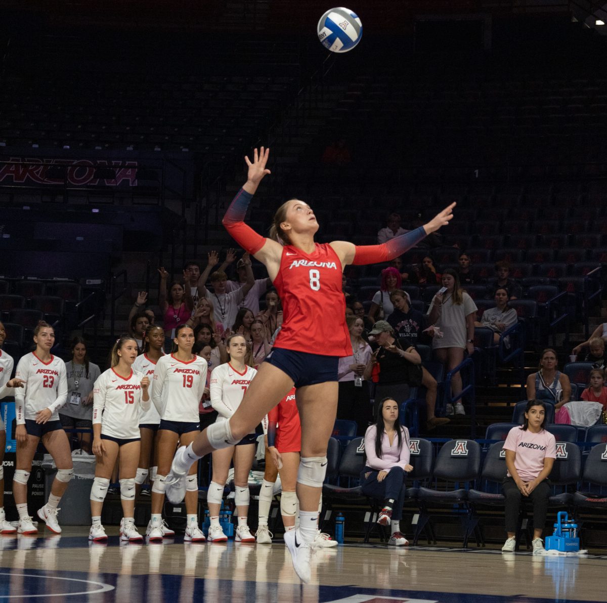 Haven Wray (#8) spikes the ball on Oct. 16 against the University of Colorado Boulder. Wray played five sets. 