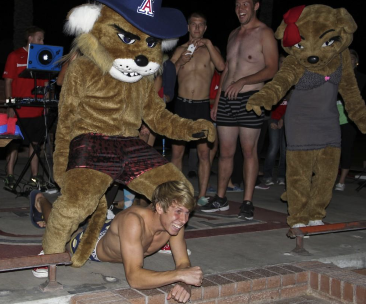 Students participate in ZonaZoo’s Undie Run with Wilma and Wilbur on the UA Mall in 2012. All the clothing they shed was donated.